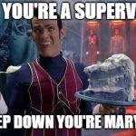 Supervillain Cake | WHEN YOU'RE A SUPERVILLAIN; BUT DEEP DOWN YOU'RE MARY BERRY | image tagged in robbie rotten with cake,mary berry,bake off,lazytown | made w/ Imgflip meme maker