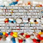 pills | HOW DO GOVERNMENTS TEACH THE MASSES TO STEAL CAGE AND KILL FOR THESE IN THE NAME OF HUMANITY AND THEN KILLS AND CAGES PEOPLE FOR USING PLANTS ? HOME SCHOOL THE CHILDREN AND THEY WON'T BE STEALING AND KILLING OTHERS FOR STATE DRUGS OR ANYTHING ELSE | image tagged in pills | made w/ Imgflip meme maker