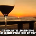wine glass on beach | IT’S BEEN FAR TOO LONG SINCE YOU, ME AND A BOTTLE OF WINE HUNG OUT TOGETHER | image tagged in wine glass on beach | made w/ Imgflip meme maker
