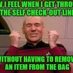 Captain Kirk Yes...Success! | HOW I FEEL WHEN I GET THROUGH THE SELF CHECK-OUT LINE WITHOUT HAVING TO REMOVE AN ITEM FROM THE BAG | image tagged in captain kirk yes,memes,checkout,remove | made w/ Imgflip meme maker
