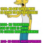 UKIP gay donkey | 1980-    NO SON OF MINE IS GOING TO BE GAY! 1990- NO GAY SON OF MINE IS GOING TO BE TRANSEXUAL! 2000- NO TRANSEXUAL SON OF MINE IS GOING TO GENDER NONCONFORMING! 2010- NO GENDER NONCONFORMING SON IS MINE IS GOING TO BE CISGENDER! | image tagged in ukip gay donkey | made w/ Imgflip meme maker