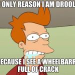 Slobbery Futurama Fry | THE ONLY REASON I AM DROOLING; IS BECAUSE I SEE A WHEELBARROW FULL OF CRACK | image tagged in slobbery futurama fry | made w/ Imgflip meme maker