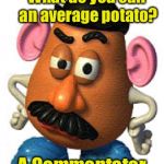 Just your common spud pun | What do you call an average potato? A Commentater | image tagged in mr potato head,memes,potato,bad pun | made w/ Imgflip meme maker