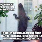 Gator wants in | DON'T ASSUME MY SPECIES, JUST HAVE SOME COMPASSION? I'M JUST AN ADORABLE, ABANDONED KITTEN TRAPPED IN AN ALLIGATOR'S BODY! GRANTED, A REALLY HUNGRY ALLIGATOR, BUT STILL... | image tagged in gator wants in,alligator,gender identity | made w/ Imgflip meme maker