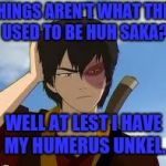 THINKING ZUKO | THINGS AREN'T WHAT THEY USED TO BE HUH SAKA? WELL AT LEST I HAVE MY HUMERUS UNKEL. | image tagged in thinkingzuko,avatar the last airbender | made w/ Imgflip meme maker