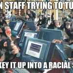 Monkeys on typewriters | CNN STAFF TRYING TO TURN; MONKEY IT UP INTO A RACIAL SLUR! | image tagged in monkeys on typewriters | made w/ Imgflip meme maker