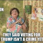 Something to remember this Election day | SORRY SON; THEY SAID VOTING FOR TRUMP ISN'T A CRIME YET | image tagged in state farm old lady on the phone,democrats,neo-nazis,obey,die,dirty cops | made w/ Imgflip meme maker