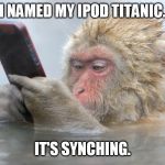 Ipod Snowmonkey | I NAMED MY IPOD TITANIC. IT'S SYNCHING. | image tagged in ipod snowmonkey | made w/ Imgflip meme maker