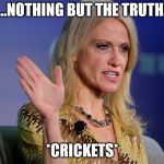 Kellyanne Conway on the stand, or "I plead the 5th", or "Who's next?" | "...NOTHING BUT THE TRUTH."; *CRICKETS* | image tagged in kellyanne conway slap,court,hearings,evil stepmother,alternative facts | made w/ Imgflip meme maker