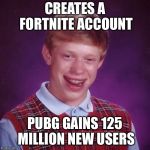 Fortnite goes bankrupt 
 | CREATES A FORTNITE ACCOUNT; PUBG GAINS 125 MILLION NEW USERS | image tagged in fortnite | made w/ Imgflip meme maker