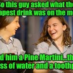 Pine Martini  | So this guy asked what the cheapest drink was on the menu.. I told him a Pine Martini...that’s a glass of water and a toothpick... | image tagged in laughing waitress,waitress jokes,funny meme,pine martini,restaurant | made w/ Imgflip meme maker