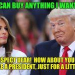 Be best donald!  | I CAN BUY ANYTHING I WANT! EXCEPT RESPECT DEAR!  HOW ABOUT YOU ACTUALLY ACT LIKE A PRESIDENT, JUST FOR A LITTLE BIT? | image tagged in donald and melania trump,trump russia collusion,michael cohen,paul manafort | made w/ Imgflip meme maker