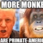 Donald trump is an orangutan | NO MORE MONKEYS; THEY ARE PRIMATE-AMERICANS | image tagged in donald trump is an orangutan | made w/ Imgflip meme maker