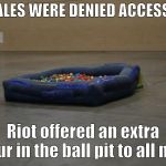 Dashcon Ball pit | AFTER MALES WERE DENIED ACCESS TIL 2:30; Riot offered an extra hour in the ball pit to all men | image tagged in dashcon ball pit | made w/ Imgflip meme maker