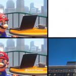 Mario jumps off of a building