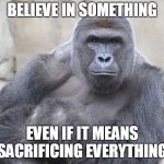 harambe | BELIEVE IN SOMETHING; EVEN IF IT MEANS SACRIFICING EVERYTHING. | image tagged in harambe | made w/ Imgflip meme maker