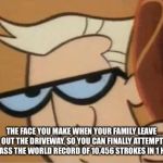 Dexter Dad | THE FACE YOU MAKE WHEN YOUR FAMILY LEAVE OUT THE DRIVEWAY, SO YOU CAN FINALLY ATTEMPT TO PASS THE WORLD RECORD OF 10,456 STROKES IN 1 HOUR | image tagged in dexter dad | made w/ Imgflip meme maker