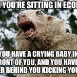 Damned crying kids on airplanes | WHEN YOU’RE SITTING IN ECONOMY, YOU HAVE A CRYING BABY IN FRONT OF YOU, AND YOU HAVE A TODDLER BEHIND YOU KICKING YOUR SEAT. | image tagged in mad sheep,memes,airplane,crying,children,toddler | made w/ Imgflip meme maker