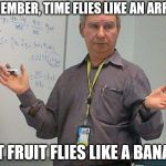 simple explanation professor | REMEMBER, TIME FLIES LIKE AN ARROW; BUT FRUIT FLIES LIKE A BANANA | image tagged in simple explanation professor | made w/ Imgflip meme maker