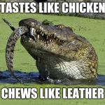 Cannibal Croc | TASTES LIKE CHICKEN; CHEWS LIKE LEATHER | image tagged in cannibal croc,memes | made w/ Imgflip meme maker