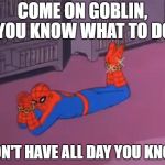 spiderman stick and stones | COME ON GOBLIN, YOU KNOW WHAT TO DO; I DON'T HAVE ALL DAY YOU KNOW! | image tagged in spiderman stick and stones | made w/ Imgflip meme maker