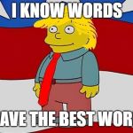 Ralph Wiggum Trump Quote | I KNOW WORDS; I HAVE THE BEST WORDS | image tagged in ralph wiggum trump quote | made w/ Imgflip meme maker