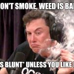 Elon Musk Hits Blunt 2 | DON'T SMOKE, WEED IS BAD; *HITS BLUNT* UNLESS YOU LIKE FUN | image tagged in elon musk hits blunt 2,elon musk,hits blunt | made w/ Imgflip meme maker