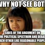 Make America Reasonable Again! This goes for both parties BTW. | WHY NOT SEE BOTH; SIDES OF THE ARGUMENT ON THE POLITICAL SPECTRUM AND DEBATE EACH OTHER LIKE REASONABLE PEOPLE? | image tagged in why not both,america,democrats,republicans,debate | made w/ Imgflip meme maker