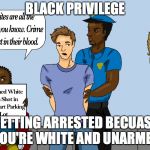 BLACK PRIVILEGE RACISM MEME | BLACK PRIVILEGE; GETTING ARRESTED BECUASE YOU'RE WHITE AND UNARMED | image tagged in black privilege racism meme | made w/ Imgflip meme maker