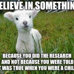 I Believe In Not Believing In Anything | BELIEVE IN SOMETHING; BECAUSE YOU DID THE RESEARCH AND NOT BECAUSE YOU WERE TOLD IT WAS TRUE WHEN YOU WERE A CHILD. | image tagged in baby sheep,believe,believe me,funny memes,meme,i want to believe | made w/ Imgflip meme maker