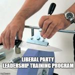 knife sharpening wheel | LIBERAL PARTY LEADERSHIP TRAINING PROGRAM | image tagged in knife sharpening wheel | made w/ Imgflip meme maker