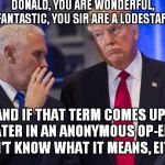 Let Me Pat You On The Back So I Can Find A Nice Soft Spot.. | DONALD, YOU ARE WONDERFUL, FANTASTIC, YOU SIR ARE A LODESTAR! AND IF THAT TERM COMES UP LATER IN AN ANONYMOUS OP-ED, I DON'T KNOW WHAT IT MEANS, EITHER | image tagged in trump pence | made w/ Imgflip meme maker