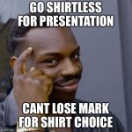 Black guy head tap | GO SHIRTLESS FOR PRESENTATION; CANT LOSE MARK FOR SHIRT CHOICE | image tagged in black guy head tap | made w/ Imgflip meme maker
