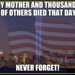 9/11 Memorial  | MY MOTHER AND THOUSANDS OF OTHERS DIED THAT DAY; NEVER FORGET! | image tagged in 9/11 memorial | made w/ Imgflip meme maker