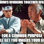 ASIAN TRAINS WHITE BOY | THIS SHOWS WORKING TOGETHER WILLINGLY; FOR A COMMON PURPOSE WILL GET YOU OWARS YOUR GOAL | image tagged in karate kid | made w/ Imgflip meme maker