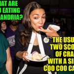 The Socialist Diet | WHAT ARE YOU EATING ALEXANDRIA? THE USUAL, TWO SCOOPS OF CRAZY WITH A SIDE OF COO COO CA CHOO | image tagged in alexandria ocasio-cortez,memes,democratic socialism,joker everyone loses their minds | made w/ Imgflip meme maker