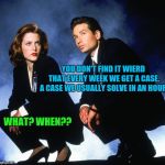 http://retrovery.com/images/x-files-la-verite-est-ailleurs/176/b | YOU DON'T FIND IT WIERD THAT EVERY WEEK WE GET A CASE. A CASE WE USUALLY SOLVE IN AN HOUR. WHAT? WHEN?? | image tagged in http//retroverycom/images/x-files-la-verite-est-ailleurs/176/b | made w/ Imgflip meme maker