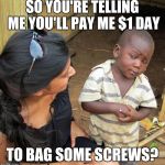 skeptical black boy | SO YOU'RE TELLING ME YOU'LL PAY ME $1 DAY; TO BAG SOME SCREWS? | image tagged in skeptical black boy | made w/ Imgflip meme maker