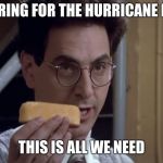 Egon Twinkie | PREPARING FOR THE HURRICANE BE LIKE; THIS IS ALL WE NEED | image tagged in egon twinkie | made w/ Imgflip meme maker