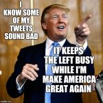 Donald Trump | I KNOW SOME OF MY TWEETS SOUND BAD; IT KEEPS THE LEFT BUSY WHILE I'M MAKE AMERICA GREAT AGAIN | image tagged in donald trump | made w/ Imgflip meme maker
