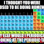 Periodic Table of Elements | I THOUGHT YOU WERE SUPPOSED TO BE DOING HOMEWORK? WHY ELSE WOULD I PERIODICALLY BE LOOKING AT THE PERIODIC TABLE? | image tagged in periodic table of elements | made w/ Imgflip meme maker