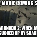 Sharknado 2 is coming soon! | NEW MOVIE COMING SOON; SHARKNADO 2: WHEN JAWS GETS SUCKED UP BY SHARKNADO | image tagged in sharknado,shark,sharks,tornado,memes,jaws | made w/ Imgflip meme maker