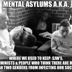 The ‘old’ days | MENTAL ASYLUMS A.K.A. WHERE WE USED TO KEEP: SJW’S, FEMMINISTS & PEOPLE WHO THINK THERE ARE MORE THAN TWO GENDERS FROM INFECTING OUR SOCIETY | image tagged in asylum,memes,dank memes | made w/ Imgflip meme maker