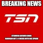tsn | BREAKING NEWS; STEAMERS CATCHER CRAIG ROBINSON OUT 3-4 WEEKS WITH MCL SPRAIN | image tagged in tsn | made w/ Imgflip meme maker