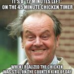 "I'm having a great day" | IT'S A "12 MINUTES LEFT" ON THE 45 MINUTE CHICKEN TIMER; WHEN I REALIZED THE CHICKEN WAS STILL ON THE COUNTER KIND OF DAY | image tagged in i'm having a great day | made w/ Imgflip meme maker