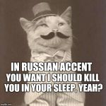 Old Times Cat | IN RUSSIAN ACCENT; YOU WANT I SHOULD KILL YOU IN YOUR SLEEP, YEAH? | image tagged in old times cat | made w/ Imgflip meme maker