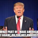 Donald Trump Angry Debate | WHAT PART OF "MAKE AMERICA GREAT AGAIN" DO YOU NOT UNDERSTAND? | image tagged in donald trump angry debate,donald trump,scumbag trump,make america great again,make donald drumpf again | made w/ Imgflip meme maker