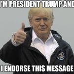 President Trump | I'M PRESIDENT TRUMP AND; I ENDORSE THIS MESSAGE | image tagged in president trump | made w/ Imgflip meme maker