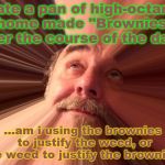 ...or maybe it's time to finally admit I have an addiction to oven-roasted aluminum. | I ate a pan of high-octane home made "Brownies" over the course of the day... ...am i using the brownies to justify the weed, or the weed to justify the brownies? | image tagged in edibles,weed,on weed,psychedelic chuck deep thought guy | made w/ Imgflip meme maker