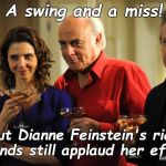 The Re-elect Dianne Feinstein Committee want you to know that if we re-elect her to the Senate we will have a laugh a minute. | A swing and a miss! But Dianne Feinstein's rich friends still applaud her effort. Robertflack.com | image tagged in robertflackdotcom,dianne feinstein,re-elect dianne feinsein,who's minding her medication,that's just plain mean,douglie | made w/ Imgflip meme maker